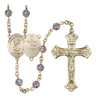 14 Karat Gold-Filled 6mm Austrian Crystal Saint Christopher / Army Rosary in Light Amethyst