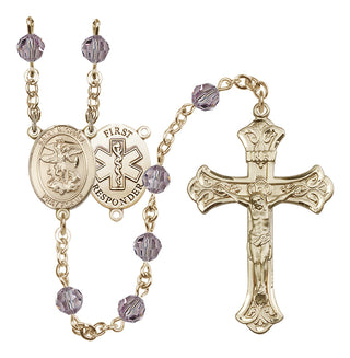 14 Karat Gold-Filled 6mm Austrian Crystal Saint Michael/1St Responder Rosary in Light Amethyst