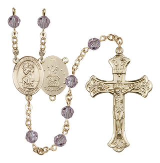 14 Karat Gold 6mm Austrian Crystal Saint Christopher / Air Force Rosary in Light Amethyst