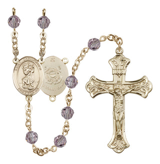 14 Karat Gold 6mm Austrian Crystal Saint Christopher / Coast Guard Rosary in Light Amethyst