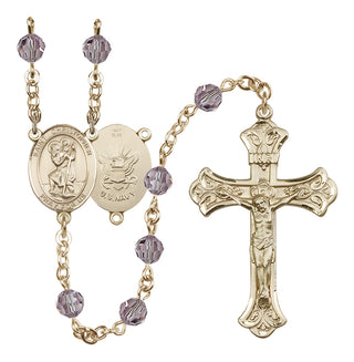 14 Karat Gold 6mm Austrian Crystal Saint Christopher / Navy Rosary in Light Amethyst