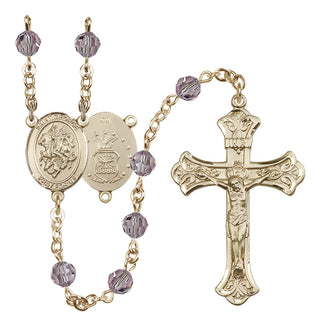 14 Karat Gold 6mm Austrian Crystal Saint George / Air Force Rosary in Light Amethyst