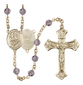 14 Karat Gold 6mm Austrian Crystal Saint George / Coast Guard Rosary in Light Amethyst