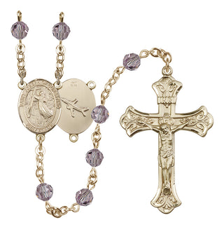 14 Karat Gold 6mm Austrian Crystal Saint Joseph of Cupertino Rosary in Light Amethyst