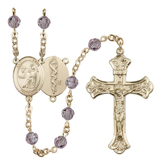 14 Karat Gold 6mm Austrian Crystal Saint Luke the Apostle / Doctor Rosary in Light Amethyst