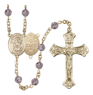 14 Karat Gold 6mm Austrian Crystal Saint Michael / EMT Rosary in Light Amethyst
