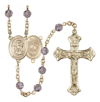 14 Karat Gold 6mm Austrian Crystal Saint Michael the Archangel/Policeman Rosary in Light Amethyst