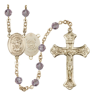 14 Karat Gold 6mm Austrian Crystal Saint Michael / Coast Guard Rosary in Light Amethyst