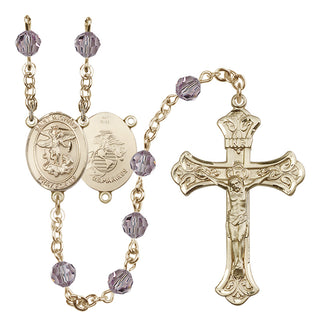 14 Karat Gold 6mm Austrian Crystal Saint Michael / Marines Rosary in Light Amethyst