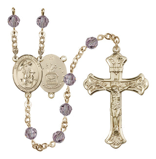 14 Karat Gold 6mm Austrian Crystal Guardian Angel / Air Force Rosary in Light Amethyst