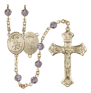 14 Karat Gold 6mm Austrian Crystal Guardian Angel / Nat'l Guard Rosary in Light Amethyst