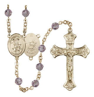 14 Karat Gold 6mm Austrian Crystal Guardian Angel / Navy Rosary in Light Amethyst