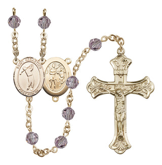 14 Karat Gold 6mm Austrian Crystal Saint Sebastian/Golf Rosary in Light Amethyst