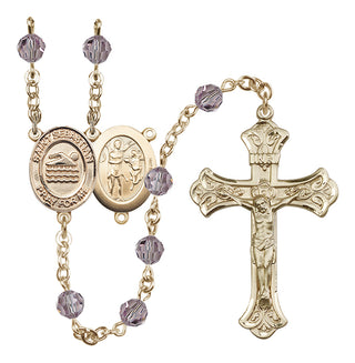 14 Karat Gold 6mm Austrian Crystal Saint Sebastian/Swimming Rosary in Light Amethyst