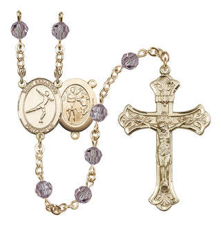 14 Karat Gold 6mm Austrian Crystal Saint Sebastian/Figure Skating Rosary in Light Amethyst