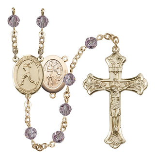 14 Karat Gold 6mm Austrian Crystal Saint Sebastian / Softball Rosary in Light Amethyst