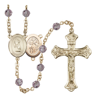 14 Karat Gold 6mm Austrian Crystal Saint Sebastian / Rugby Rosary in Light Amethyst