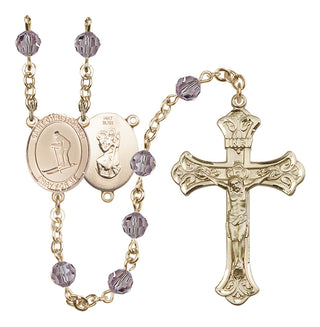 14 Karat Gold 6mm Austrian Crystal Saint Christopher / Skiing Rosary in Light Amethyst