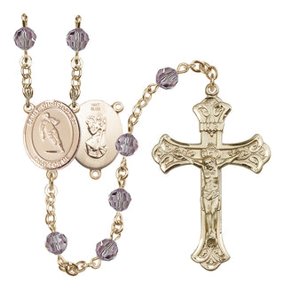 14 Karat Gold 6mm Austrian Crystal Saint Christopher / Rugby Rosary in Light Amethyst
