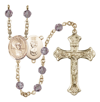 14 Karat Gold 6mm Austrian Crystal Saint Christopher/Water Polo Men Rosary in Light Amethyst
