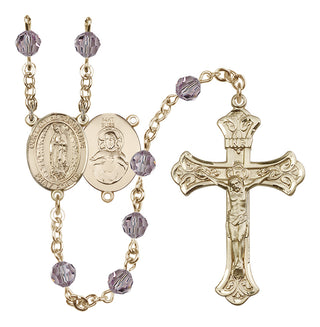 14 Karat Gold 6mm Austrian Crystal Our Lady of Guadalupe Rosary in Light Amethyst