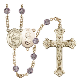 14 Karat Gold 6mm Austrian Crystal Saint Christopher / Football Rosary in Light Amethyst