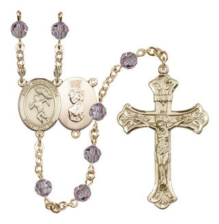 14 Karat Gold 6mm Austrian Crystal Saint Christopher/Track&Field-Women Rosary in Light Amethyst