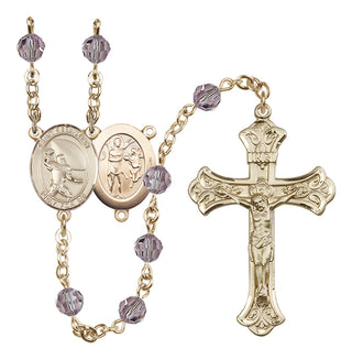 14 Karat Gold 6mm Austrian Crystal Saint Sebastian / Football Rosary in Light Amethyst