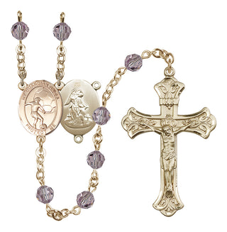 14 Karat Gold 6mm Austrian Crystal Guardian Angel/Soccer Rosary in Light Amethyst