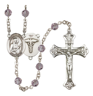 Sterling Silver 6mm Austrian Crystal Saint Camillus of Lellis / Nurse Rosary in Light Amethyst