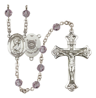 Sterling Silver 6mm Austrian Crystal Saint Christopher / Coast Guard Rosary in Light Amethyst