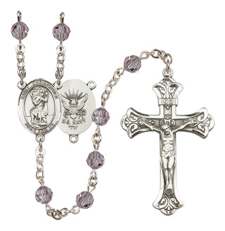 Sterling Silver 6mm Austrian Crystal Saint Christopher / Navy Rosary in Light Amethyst