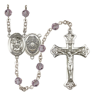 Sterling Silver 6mm Austrian Crystal Saint Michael the Archangel/Policeman Rosary in Light Amethyst