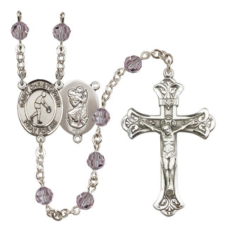 Sterling Silver 6mm Austrian Crystal Saint Christopher/Basketball Rosary in Light Amethyst