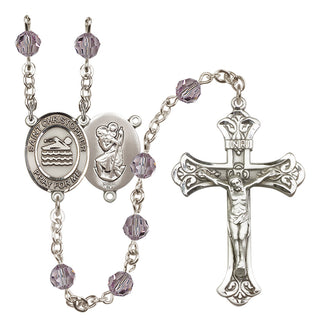 Sterling Silver 6mm Austrian Crystal Saint Christopher/Swimming Rosary in Light Amethyst