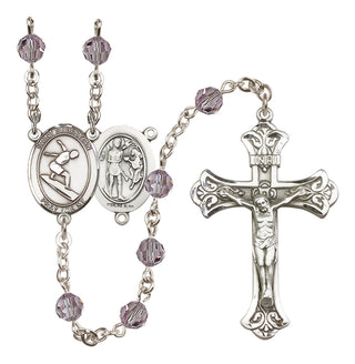 Sterling Silver 6mm Austrian Crystal Saint Sebastian/Surfing Rosary in Light Amethyst