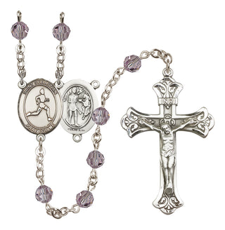 Sterling Silver 6mm Austrian Crystal Saint Sebastian/Track & Field Rosary in Light Amethyst
