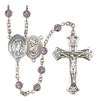 Sterling Silver 6mm Austrian Crystal Saint Christopher/Lacrosse Rosary in Light Amethyst