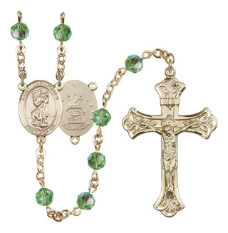 14 Karat Gold-Filled 6mm Austrian Crystal Saint Christopher / Air Force Rosary in Peridot