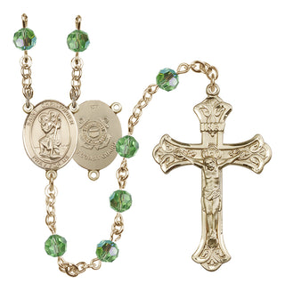 14 Karat Gold-Filled 6mm Austrian Crystal Saint Christopher / Coast Guard Rosary in Peridot