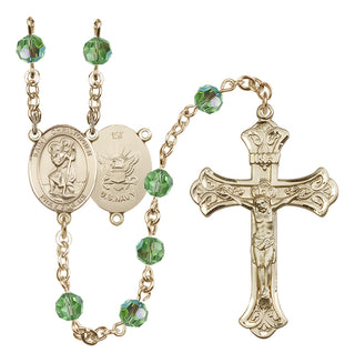 14 Karat Gold-Filled 6mm Austrian Crystal Saint Christopher / Navy Rosary in Peridot