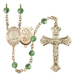 14 Karat Gold-Filled 6mm Austrian Crystal Saint Sebastian/Skiing Rosary in Peridot