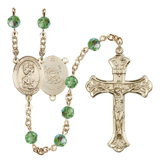 14 Karat Gold 6mm Austrian Crystal Saint Christopher / Coast Guard Rosary in Peridot