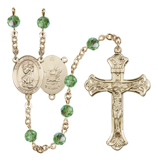 14 Karat Gold 6mm Austrian Crystal Saint Christopher / Navy Rosary in Peridot