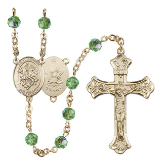 14 Karat Gold 6mm Austrian Crystal Saint George / Navy Rosary in Peridot