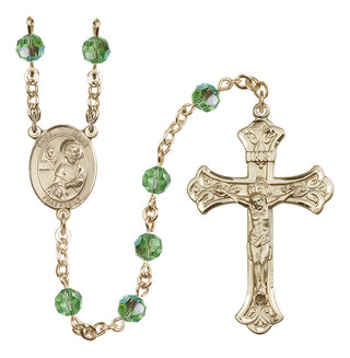 14 Karat Gold 6mm Austrian Crystal Saint Mark the Evangelist Rosary in Peridot