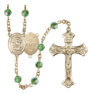 14 Karat Gold 6mm Austrian Crystal Saint Michael / EMT Rosary in Peridot