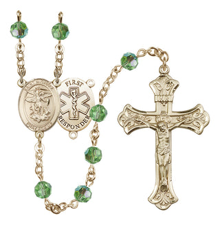 14 Karat Gold 6mm Austrian Crystal Saint Michael/1St Responder Rosary in Peridot