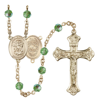 14 Karat Gold 6mm Austrian Crystal Saint Michael the Archangel/Policeman Rosary in Peridot