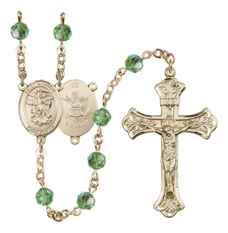 14 Karat Gold 6mm Austrian Crystal Saint Michael / Army Rosary in Peridot
